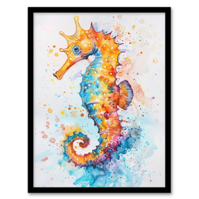 Artery8 Framed Wall Art Cute Colourful Seahorse Bright Watercolour Print12X16 Inch from B&Q