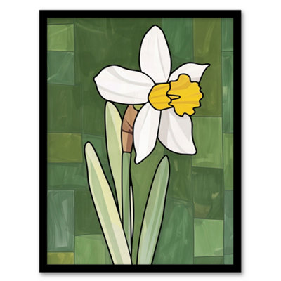 Artery8 Daffodil Flower Bloom Green Stylised Painting Wall Art PrintA4 Size from B&Q