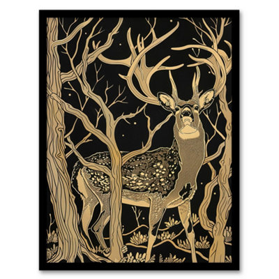 Artery8 Framed Wall Art Deer Forest Tree Tan Brown Landscape Print12X16 Inch from B&Q