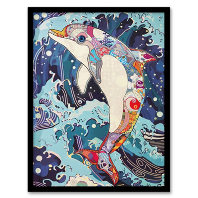Artery8 Dolphin Jump Sea Waves Colourful Folk Art Wall Art PrintA4 Size from B&Q