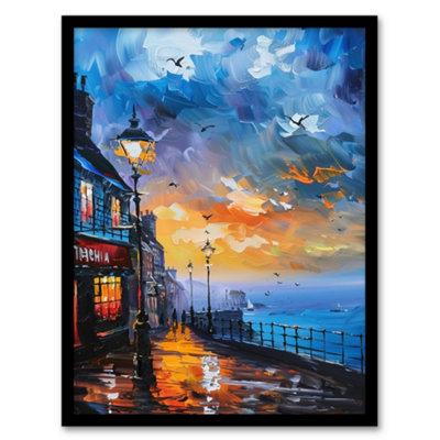 Artery8 Seaside Town Promenade Sunset Oil Painting Wall Art PrintA4 Size from B&Q