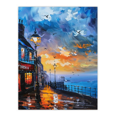 Artery8 Unframed Wall Art Seaside Town Promenade Sunset Painting12X16 Inch from B&Q