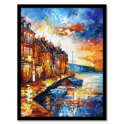 Artery8 Seaside Town Harbor Sunset Oil Painting Wall Art PrintA4 Size from B&Q