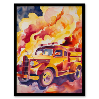 Artery8 Fire Truck On Fire Orange Lilac Red Watercolour Wall Art PrintA4 Size from B&Q