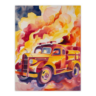 Artery8 Unframed Wall Art Fire Truck On Fire Orange Lilac Red Watercolour12X16 Inch from B&Q