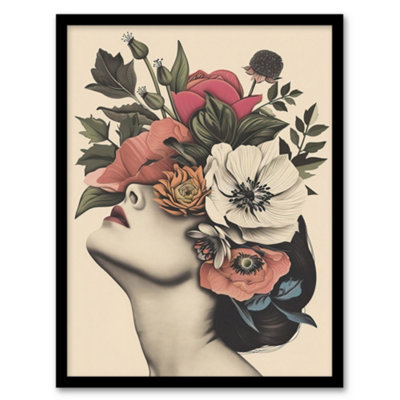 B&Q -  Woman Flower Headdress Vintage Style Flowerpunk Wall Art PrintA4 Size