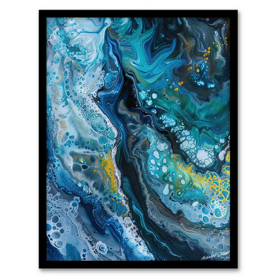 Artery8 Liquid Paint Teal Blue Yellow Abstract Painting Wall Art PrintA4 Size from B&Q