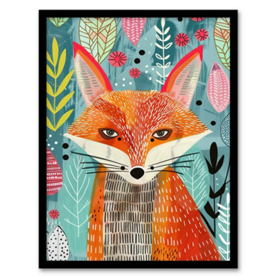 Artery8 Framed Wall Art Devious Fox In Garden Folk Art Pattern Design Print12X16 Inch from B&Q