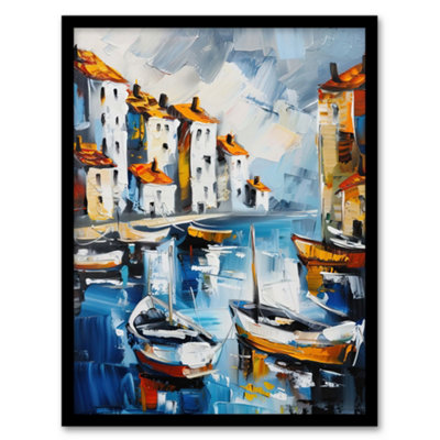 Artery8 Framed Wall Art Boats In Harbor Fishing Town Coastal Townscape Print12X16 Inch from B&Q