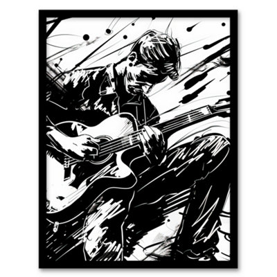 Artery8 Framed Wall Art Guitarist Playing Guitar Black White Ink Drawing Print12X16 Inch from B&Q