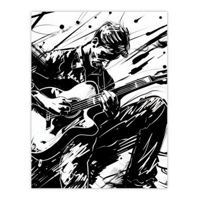 Artery8 Unframed Wall Art Guitarist Playing Guitar Black White Ink Drawing12X16 Inch from B&Q