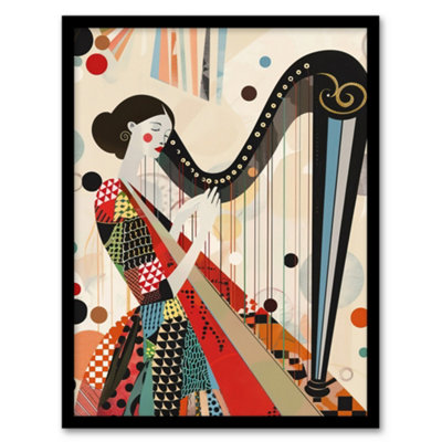 B&Q -  Harpist Playing Harp Music Colourful Geometric Wall Art PrintA4 Size