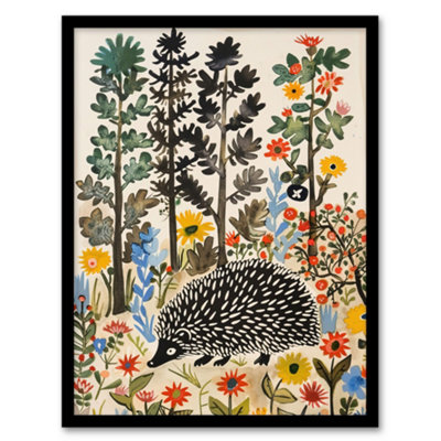Artery8 Framed Wall Art Hedgehog In Forest Folk Art Painting Wildflowers Print12X16 Inch from B&Q