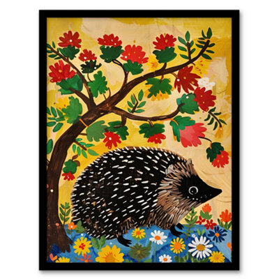 Artery8 Charming Hedgehog Under Tree Flowers Folk Art Wall Art PrintA4 Size from B&Q