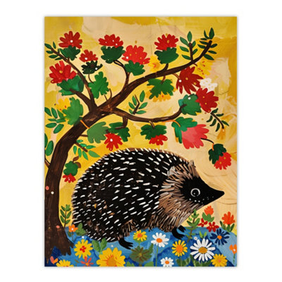Artery8 Unframed Wall Art Charming Hedgehog Under Tree Flowers Folk12X16 Inch from B&Q