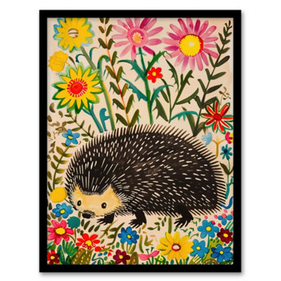 Artery8 Framed Wall Art Hedgehog In Wildflower Garden Folk Art Painting Print12X16 Inch from B&Q
