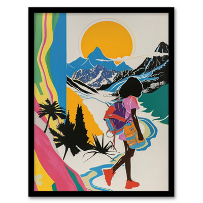 Artery8 Framed Wall Art Hiker Bright Sun Mountains Abstract Colourful Print12X16 Inch from B&Q