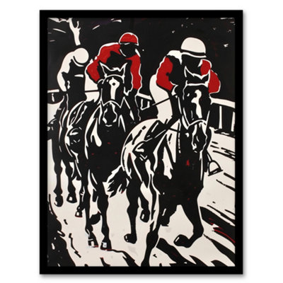 Artery8 Framed Wall Art Jockeys In Horse Racing Scene Black Red Modernist Print12X16 Inch from B&Q