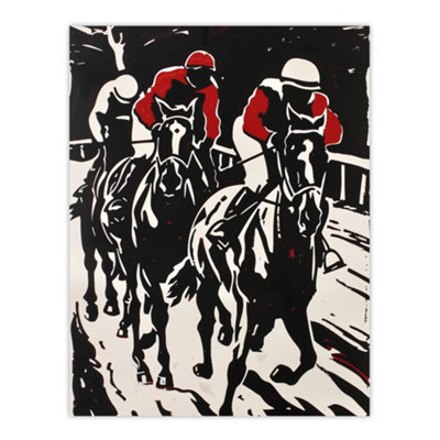 Artery8 Unframed Wall Art Jockeys In Horse Racing Scene Black Red Modernist12X16 Inch from B&Q