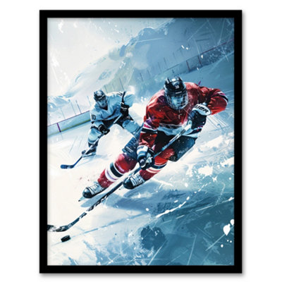 Artery8 Framed Wall Art Ice Hockey Players In Game Oil Painting Winter Print12X16 Inch from B&Q