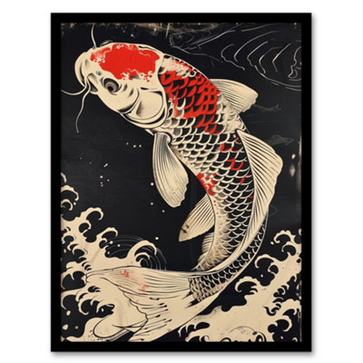 Artery8 Traditional Black Red Japanese Koi Carp Artwork Wall Art PrintA4 Size from B&Q
