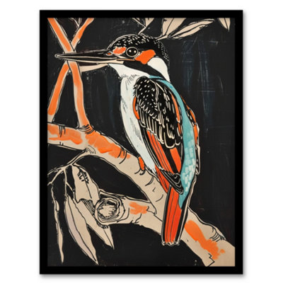 Artery8 Framed Wall Art Modernist Kingfisher Bird On Branch Black Orange Print12X16 Inch from B&Q