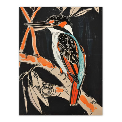 Artery8 Unframed Wall Art Modernist Kingfisher Bird On Branch Black Orange12X16 Inch from B&Q