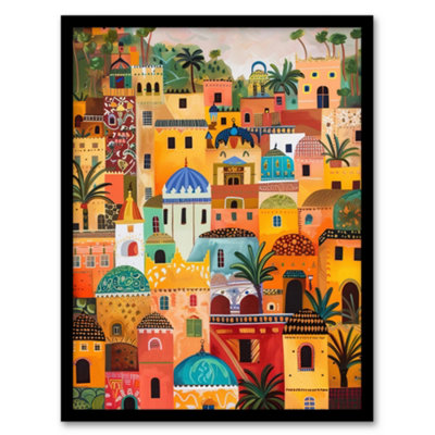 Artery8 Framed Wall Art Colourful Moroccan Cityscape Painting Exotic Sun Print12X16 Inch from B&Q