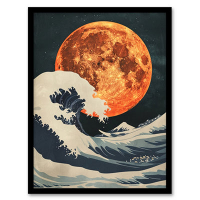 Artery8 Orange Moon Over Japanese Ocean Waves Artwork Wall Art PrintA4 Size from B&Q
