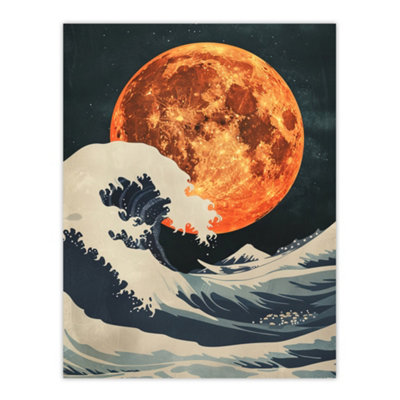 Artery8 Unframed Wall Art Orange Moon Over Japanese Ocean Waves Artwork12X16 Inch from B&Q