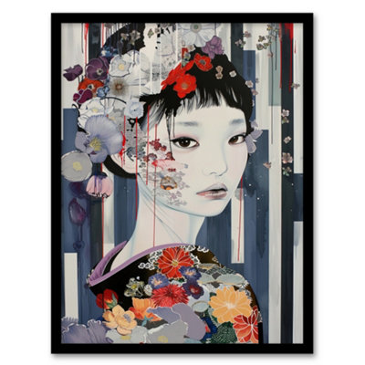 Artery8 Modern Japanese Woman Portrait In Delicate Floral Wall Art PrintA4 Size from B&Q