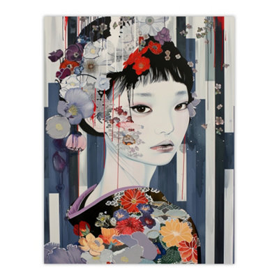 Artery8 Unframed Wall Art Modern Japanese Woman Portrait In Delicate Floral12X16 Inch from B&Q