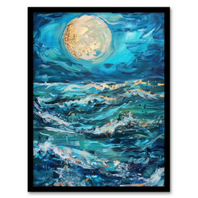 Artery8 Framed Wall Art Oceans Waves Under Full Moon Oil Painting Dark Print12X16 Inch from B&Q
