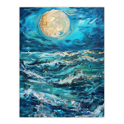 Artery8 Unframed Wall Art Oceans Waves Under Full Moon Painting Dark12X16 Inch from B&Q