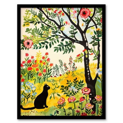 Artery8 Framed Wall Art Cat Under Tree In Wildflowers Folk Art Painting Print12X16 Inch from B&Q