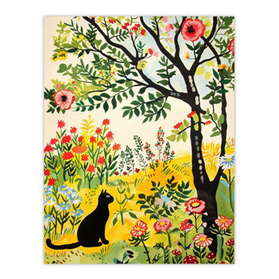 Artery8 Unframed Wall Art Cat Under Tree In Wildflowers Folk Art Painting12X16 Inch from B&Q