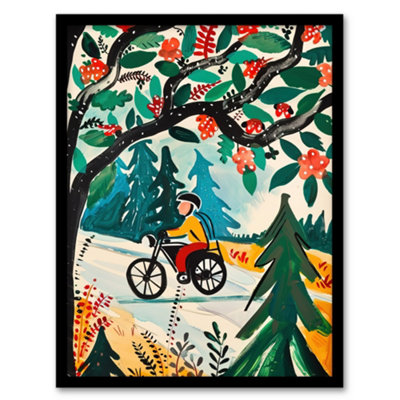 Artery8 Framed Wall Art Man On Bike Mountains Simple Painting Colourful Print12X16 Inch