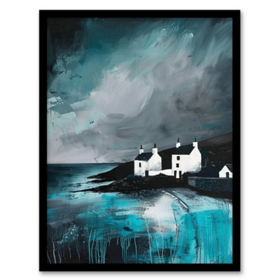 Artery8 Framed Wall Art Coastal Cottages Oil Painting Grey Sky Scotland Print12X16 Inch from B&Q