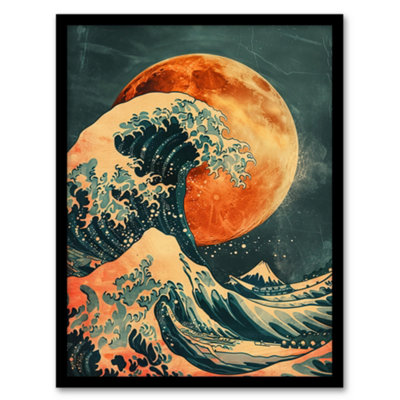 Artery8 Framed Wall Art Orange Moon Traditional Japanese Waves Art Print12X16 Inch from B&Q
