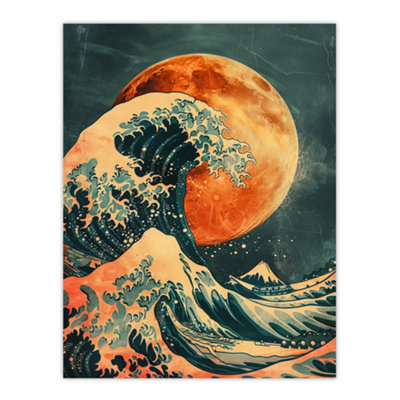 Artery8 Unframed Wall Art Orange Moon Traditional Japanese Waves Artwork12X16 Inch from B&Q