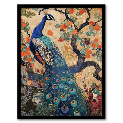Artery8 Peacock In Tree With Wildflowers Artwork Detailed Wall Art PrintA4 Size from B&Q