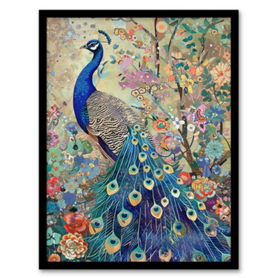 Artery8 Detailed Blue Peacock Wildflower Forest Painting Wall Art PrintA4 Size from B&Q