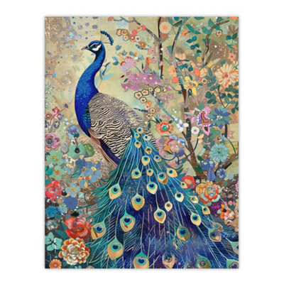 Artery8 Unframed Wall Art Detailed Blue Peacock Wildflower Forest Painting12X16 Inch from B&Q