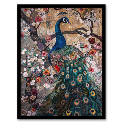 Artery8 Mosaic Peacock In Flowers Tree Detailed Artwork Wall Art PrintA4 Size from B&Q
