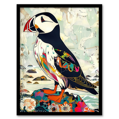 B&Q -  Colourful Patterned Puffin Artwork Mosaic Floral Wall Art PrintA4 Size