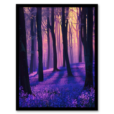 Artery8 Framed Wall Art Realistic Purple Bluebell Forest Artwork Dawn Sun Print12X16 Inch from B&Q