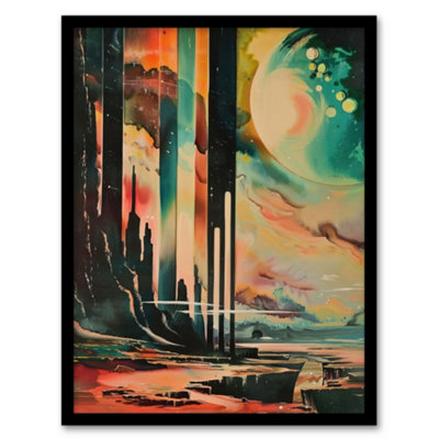 Artery8 Retro Sci-Fi Cliff By Moon Artwork Galaxy Fantasy Wall Art PrintA4 Size from B&Q