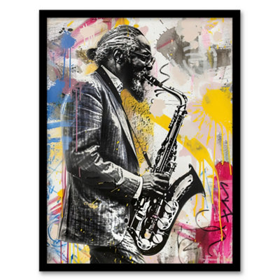 Artery8 Old Saxophone Player Portrait Street Art Graffiti Wall Art PrintA4 Size from B&Q