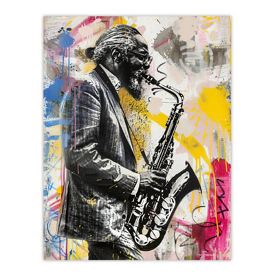 Artery8 Unframed Wall Art Old Saxophone Player Portrait Street Art Graffiti12X16 Inch from B&Q