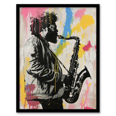 Artery8 Framed Wall Art Saxophone Player Portrait Paint Splash Street Art Print12X16 Inch from B&Q